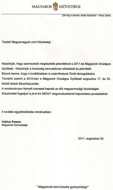 Magyarok Szövetsége Köszönő levél